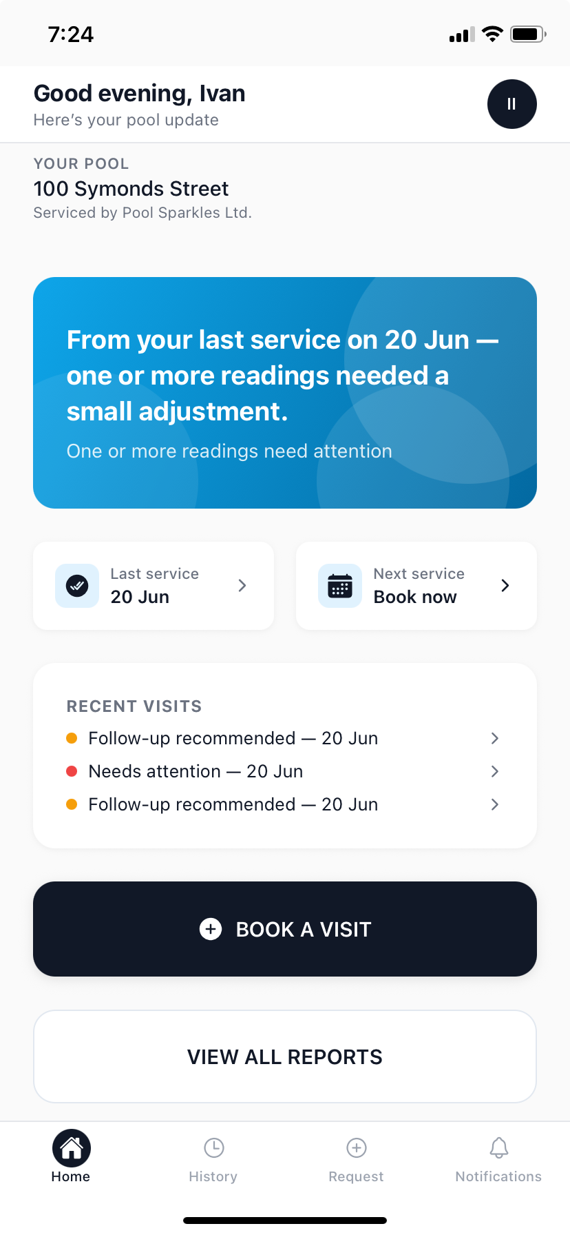Poolside owner app home screen — water quality status and last visit summary