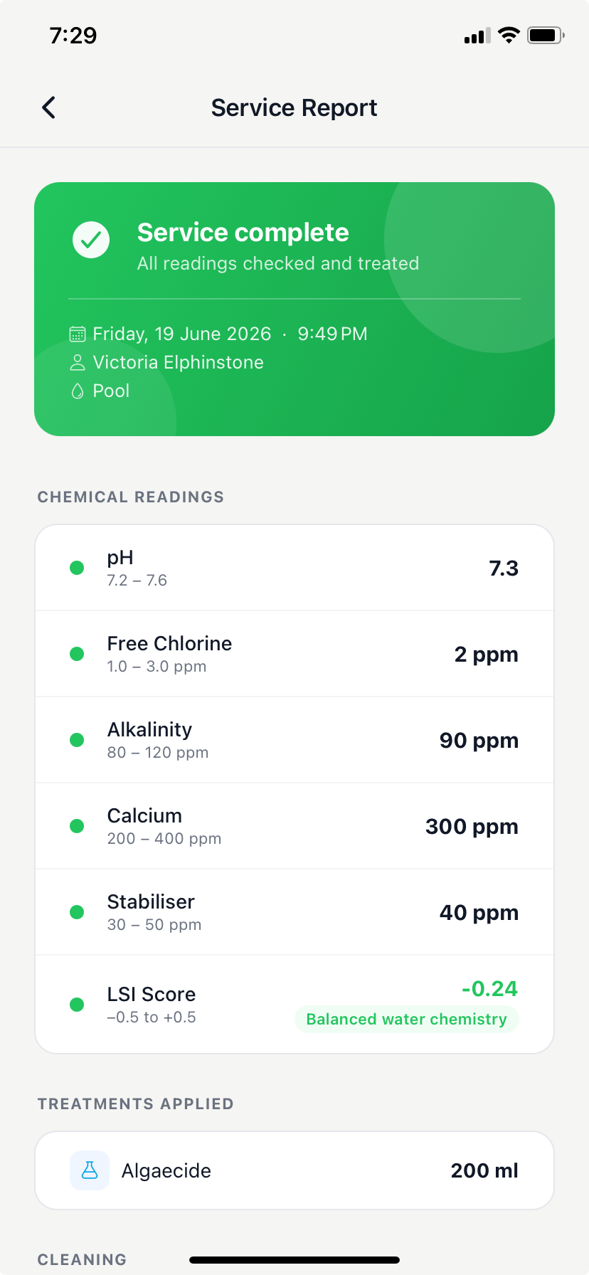 Poolside service report — plain-English water balance, chemicals added, and technician notes