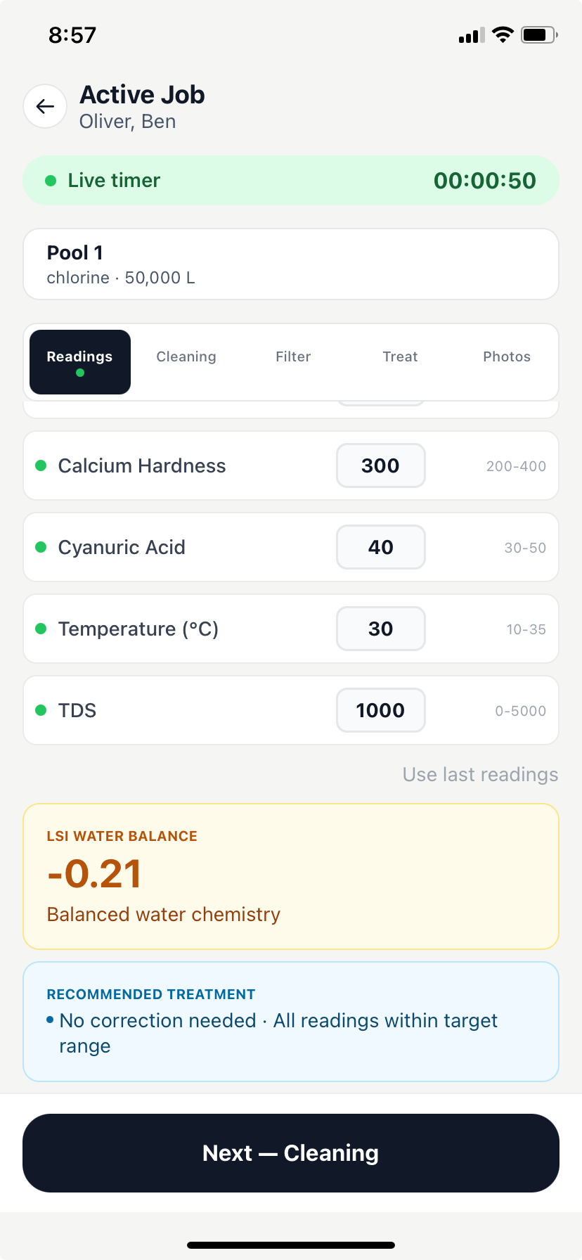 PoolAxis technician readings screen — LSI calculated live from entered readings