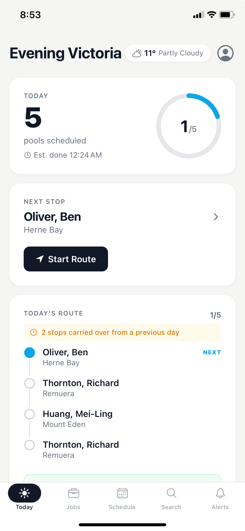 PoolAxis today screen — daily summary and quick actions