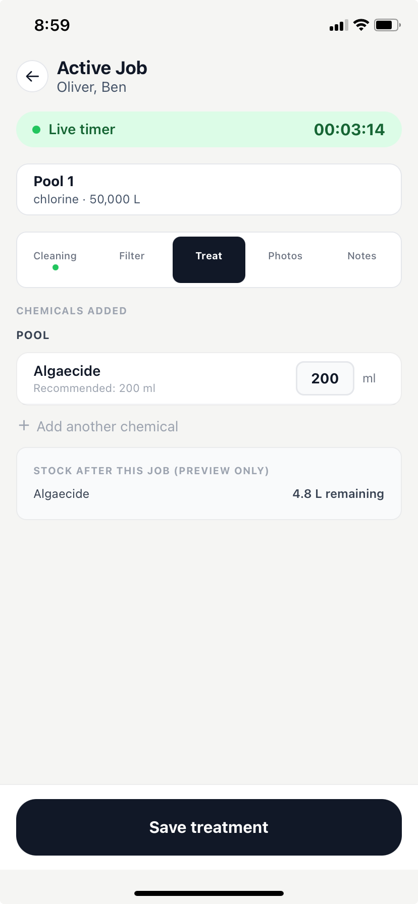 Treatment — exact dose in mL calculated automatically